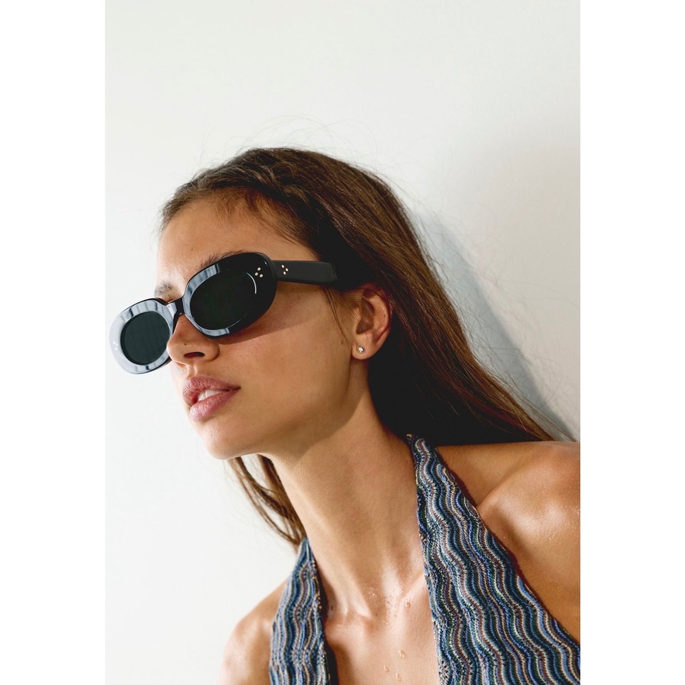 Free People Hazel Round Polarized Sunglasses Black classic cat eye chunky New